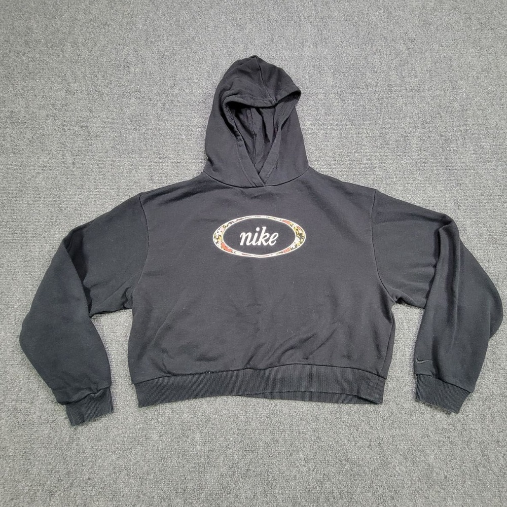Nike‎ Floral Logo Hoodie Mens Small Black Cropped Sweatshirt Casual Streetwear